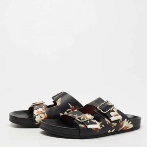 Givenchy Black Leather Floral Print Double Buckle Slides - Size 41